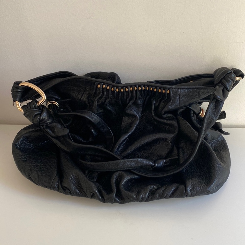 Elliott Lucca vintage black leather studded hobo  bag gold color studs  12x14x5